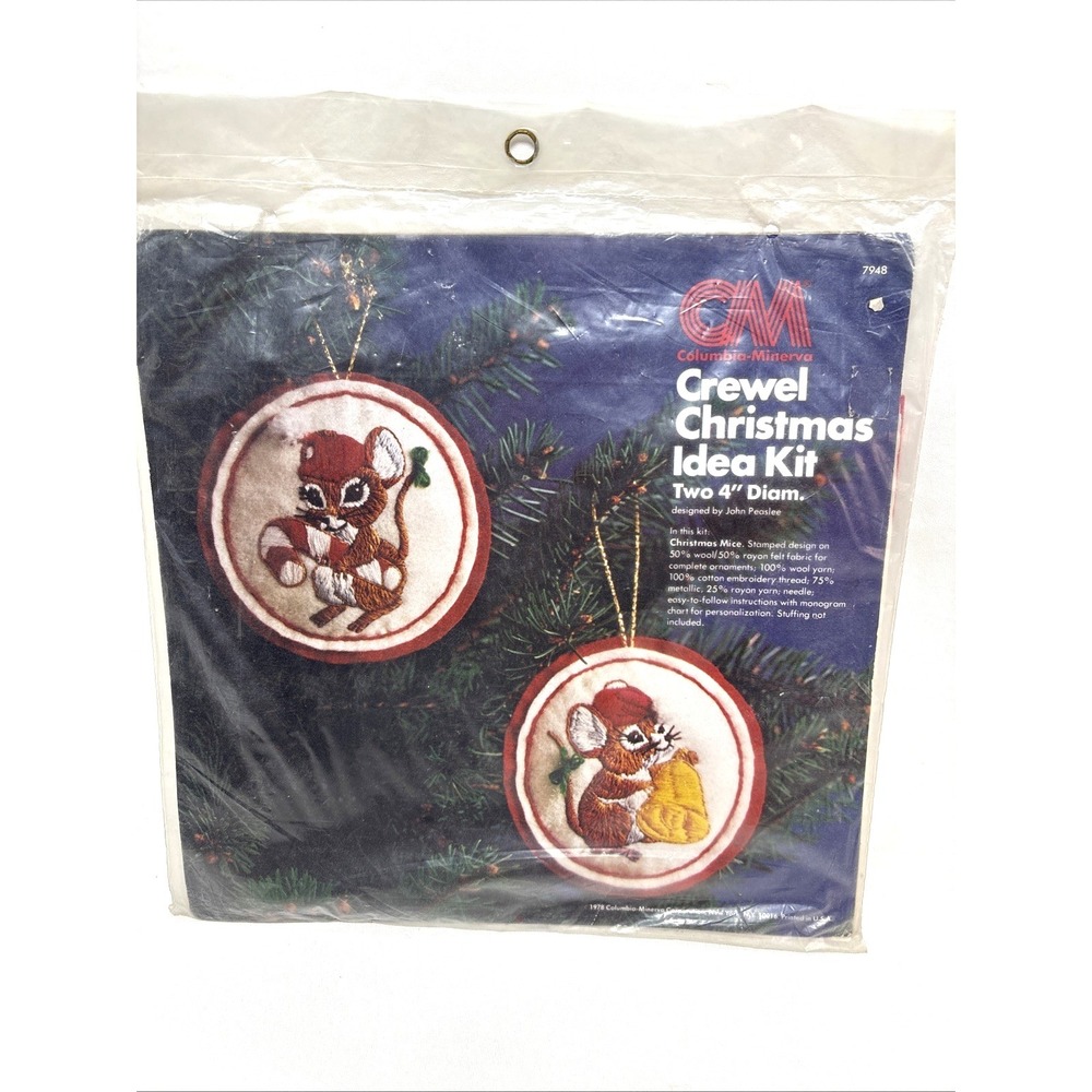 Vtg 70s CM Crewel Christmas Idea Kit 7948 Two Ornaments Christmas Mice Cottage
